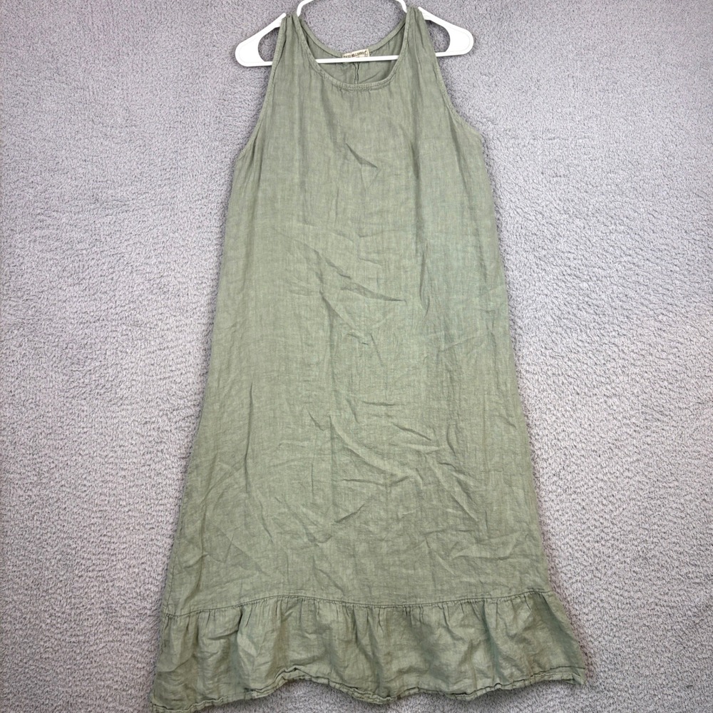 Terzo Millennio Dress Womens Large Green 100 Linen Ruffle Hem Sleeveless Italy